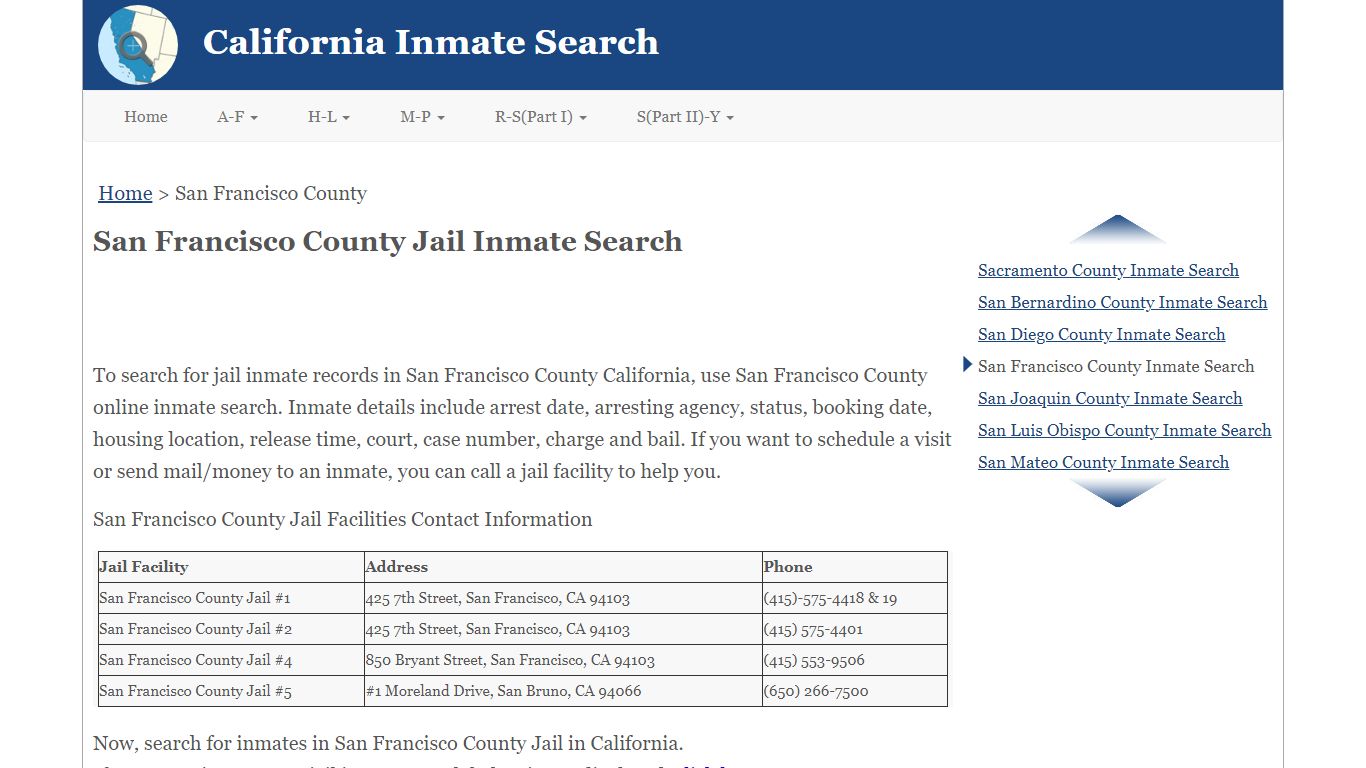 San Francisco County Jail Inmate Search