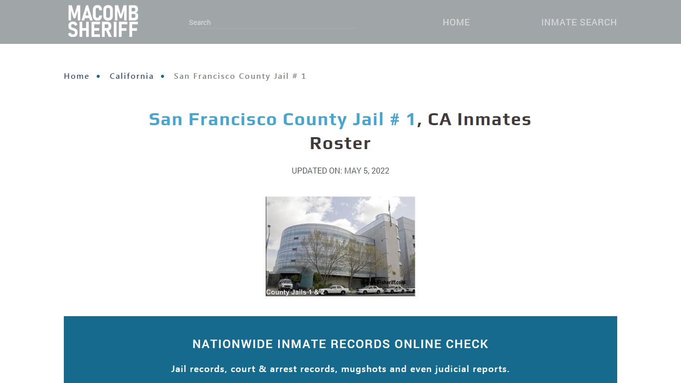 San Francisco County Jail # 1, CA Jail Roster, Name Search